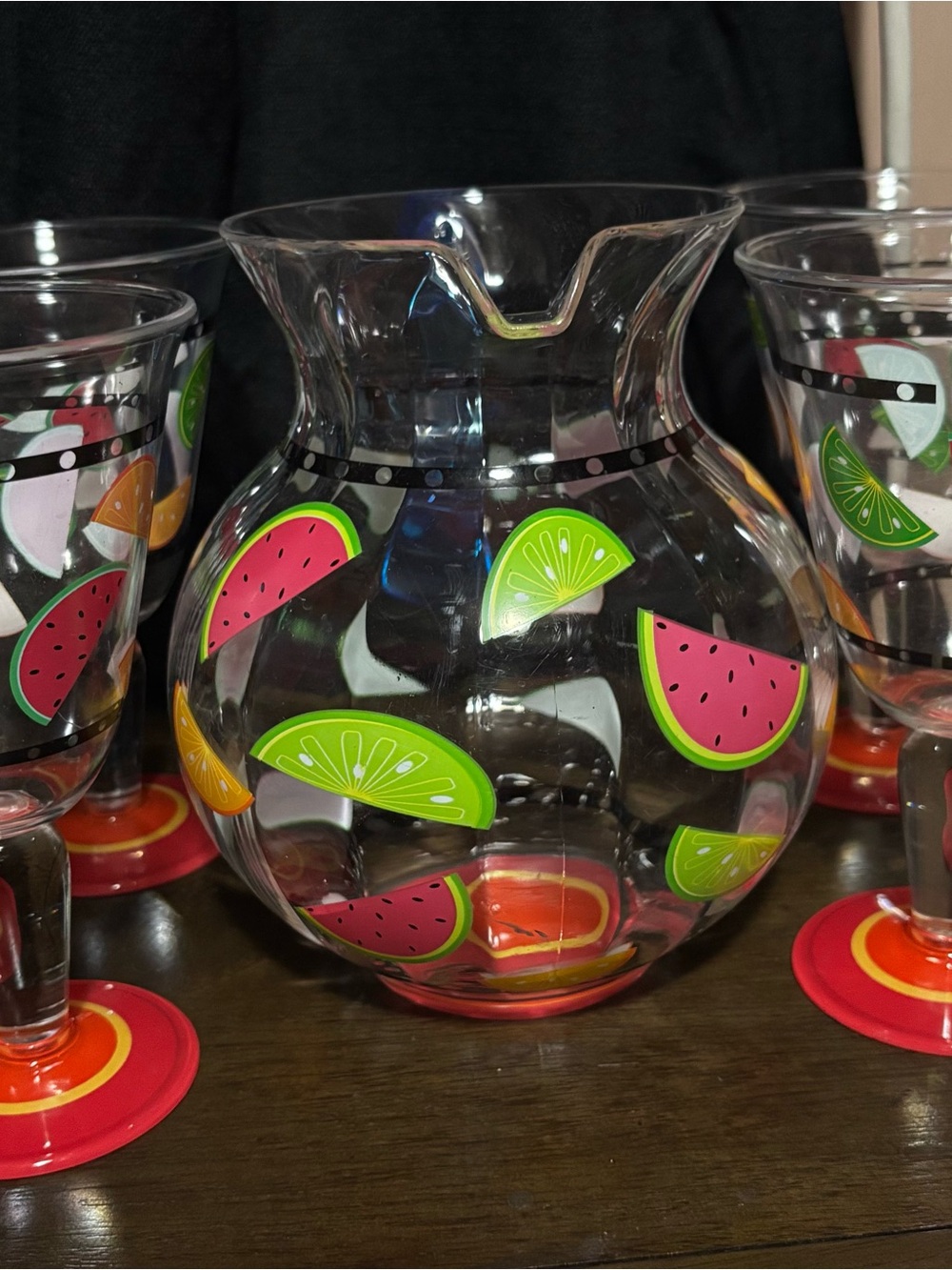 Colorful Fruit Pattern plastic Pitcher - Clear with Pink & Green Accents